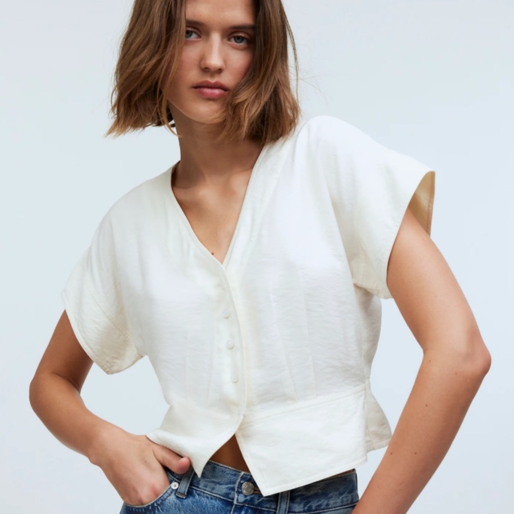 Madewell Pleated Short-Sleeve Top in color “antique.” Size medium.